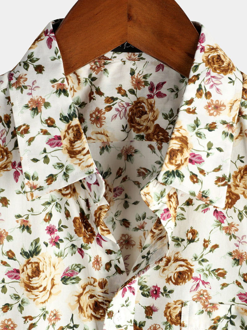 Men's Short Sleeve Rose Print Cotton Shirt