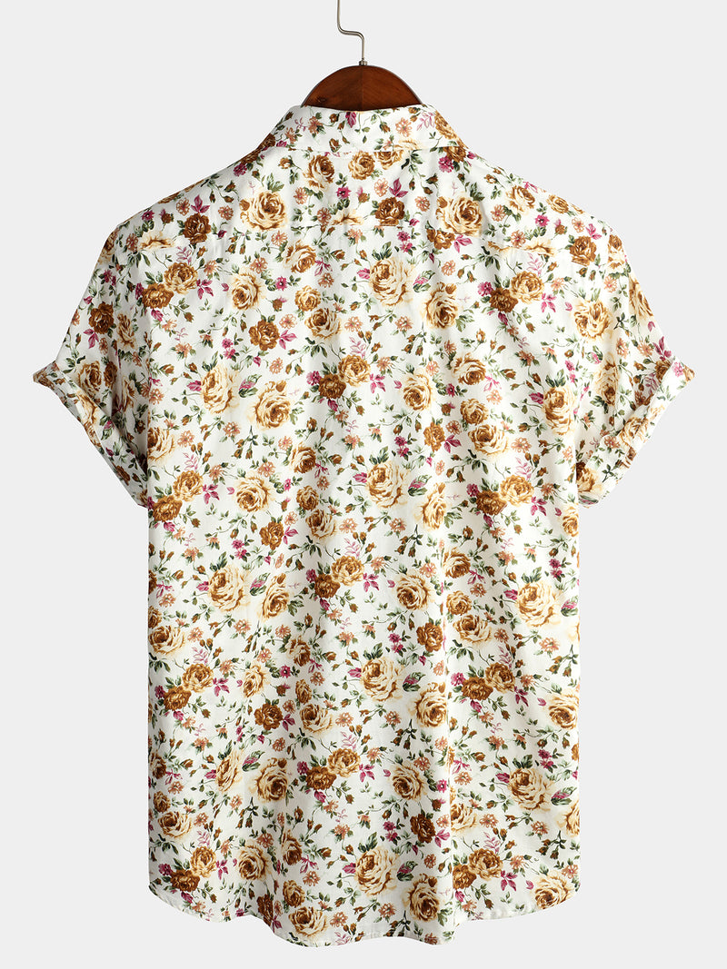 Men's Short Sleeve Rose Print Cotton Shirt
