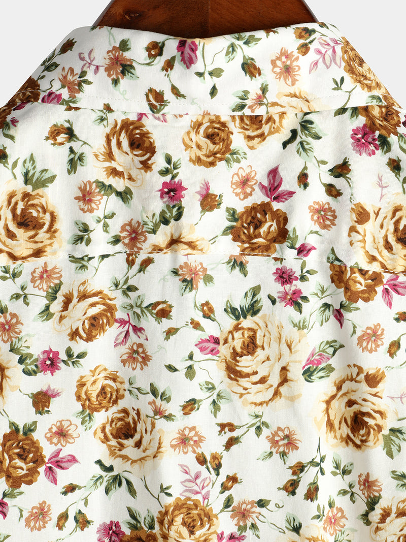 Men's Short Sleeve Rose Print Cotton Shirt