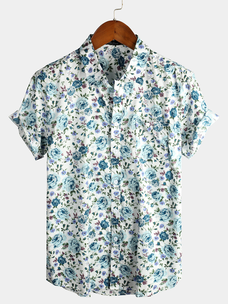 Men's Short Sleeve Rose Print Cotton Shirt