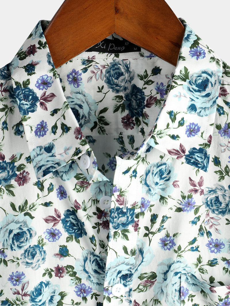 Men's Short Sleeve Rose Print Cotton Shirt