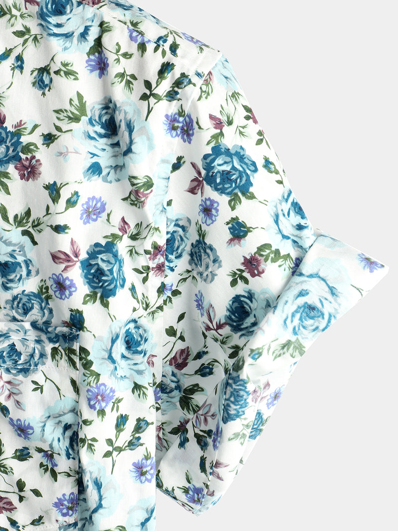 Men's Short Sleeve Rose Print Cotton Shirt