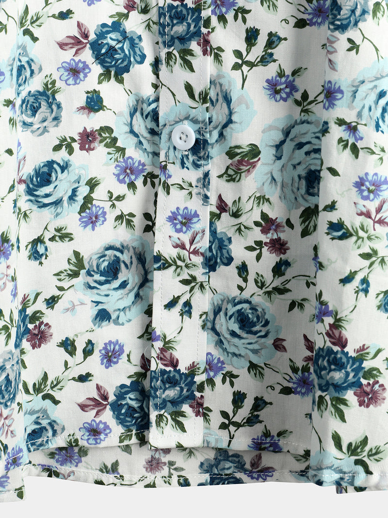 Men's Short Sleeve Rose Print Cotton Shirt