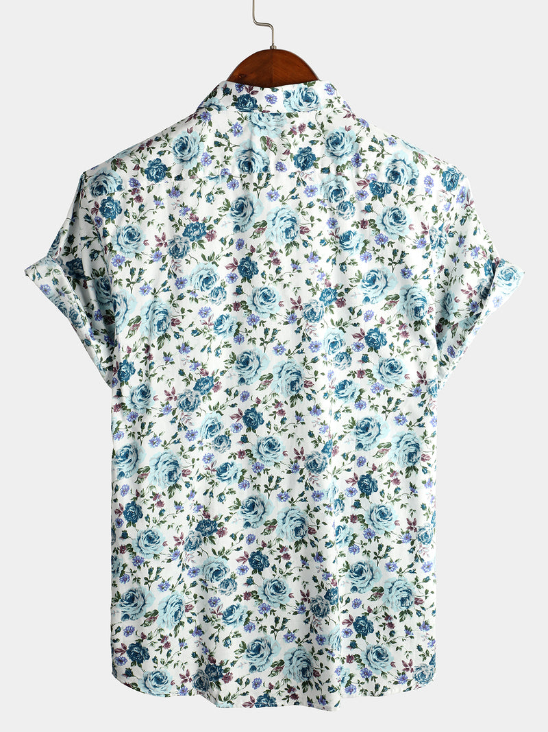 Men's Short Sleeve Rose Print Cotton Shirt