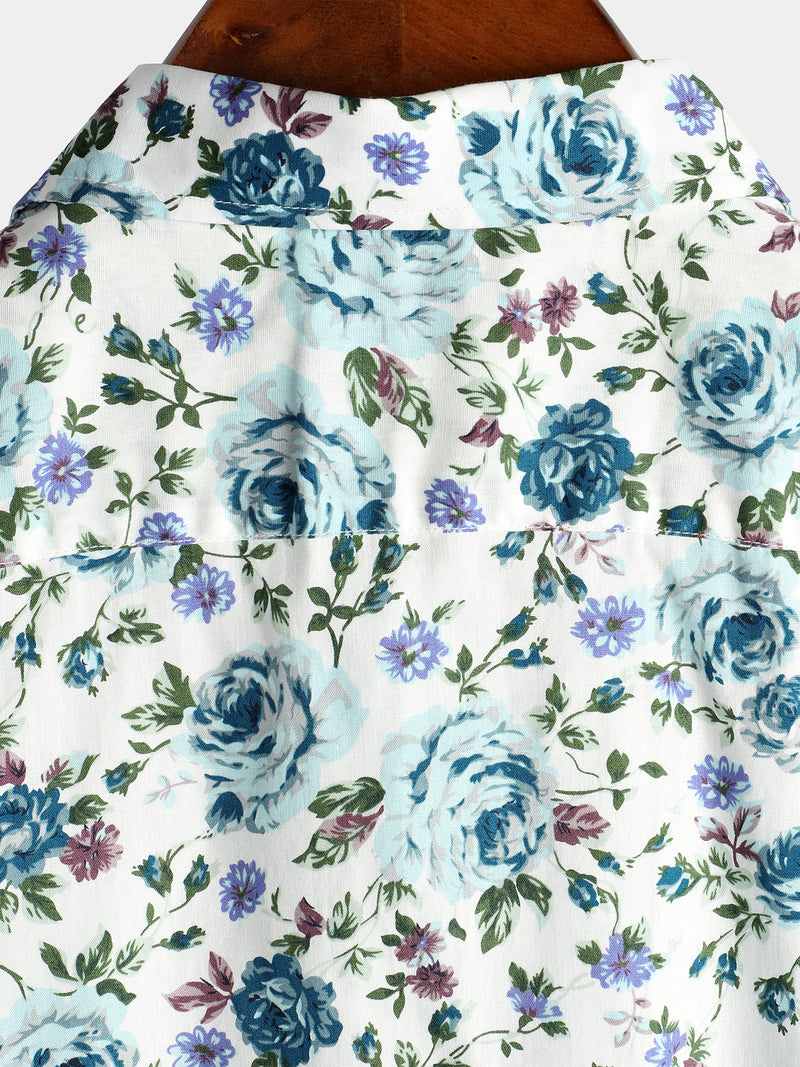 Men's Short Sleeve Rose Print Cotton Shirt