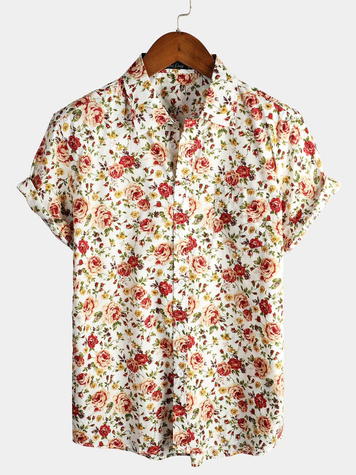 Men's Short Sleeve Rose Print Cotton Shirt