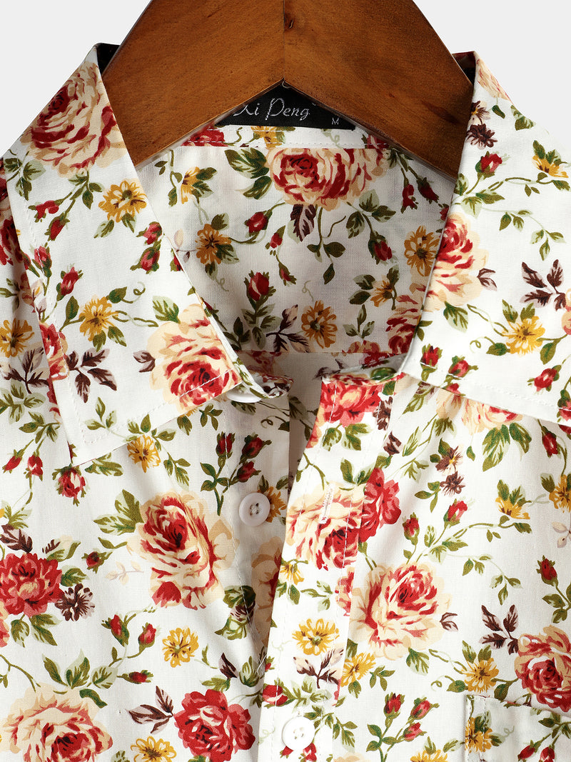 Men's Short Sleeve Rose Print Cotton Shirt