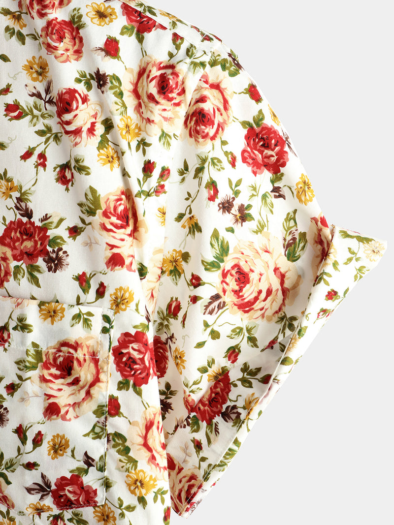 Men's Short Sleeve Rose Print Cotton Shirt