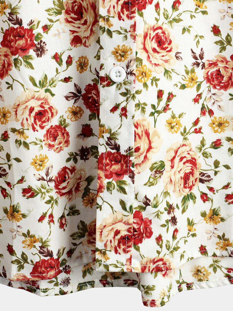 Men's Short Sleeve Rose Print Cotton Shirt