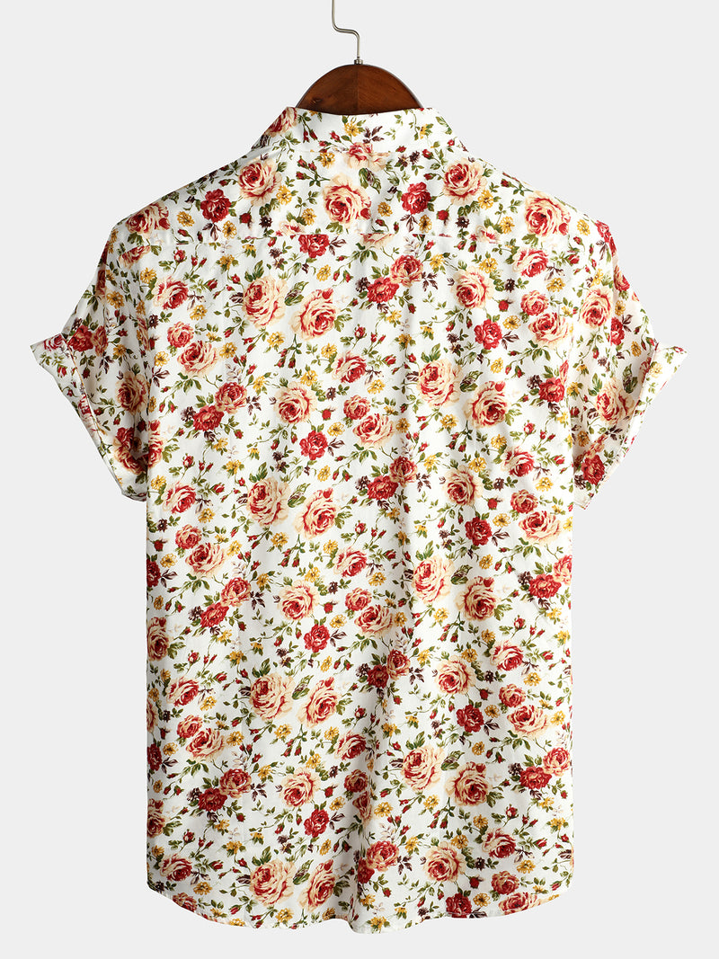 Men's Short Sleeve Rose Print Cotton Shirt