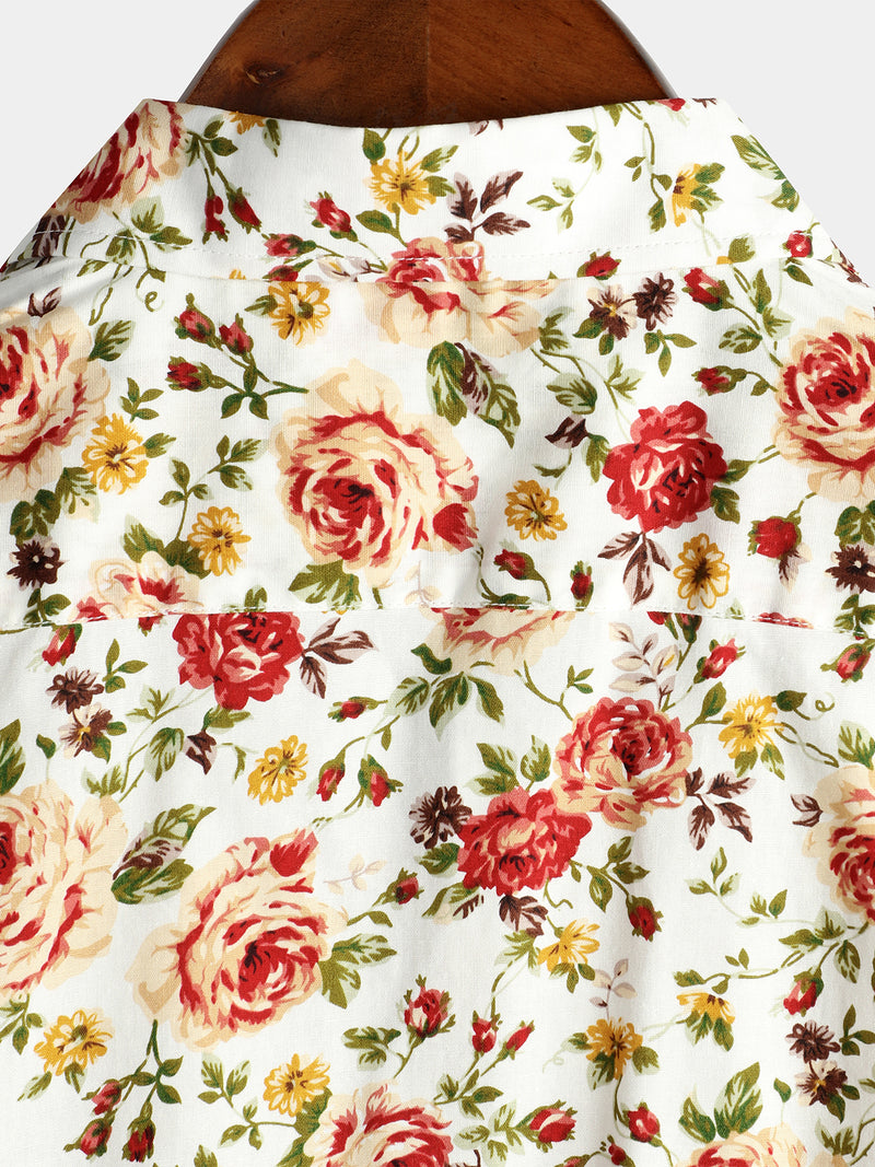 Men's Short Sleeve Rose Print Cotton Shirt