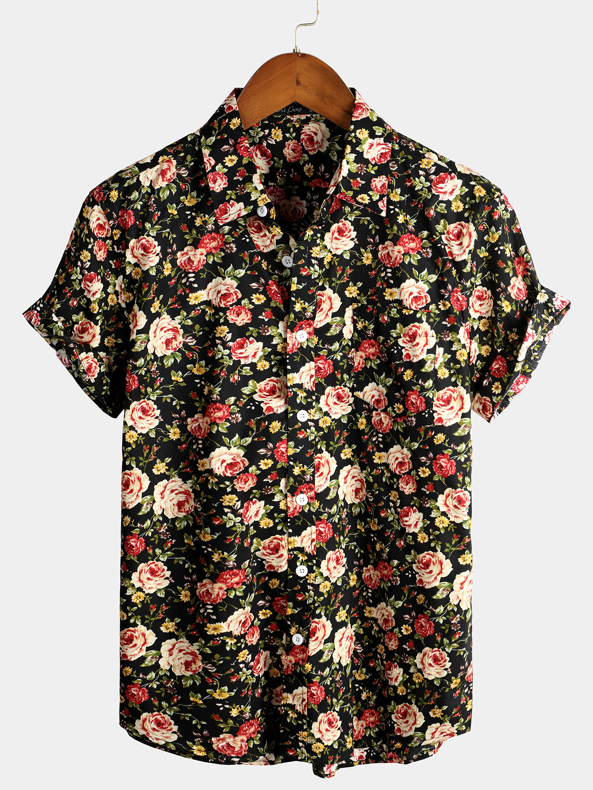 Men's Short Sleeve Rose Print Cotton Shirt