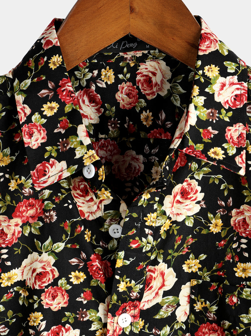 Men's Short Sleeve Rose Print Cotton Shirt