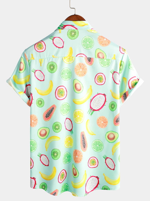 Men's Green Fruit Tropical Print Top Short Sleeve Button Up Beach Hawaiian Shirt