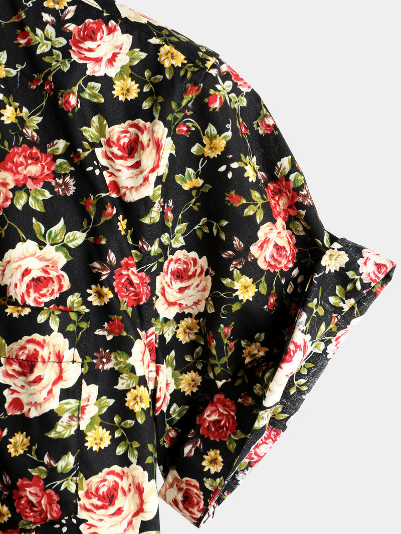 Men's Short Sleeve Rose Print Cotton Shirt