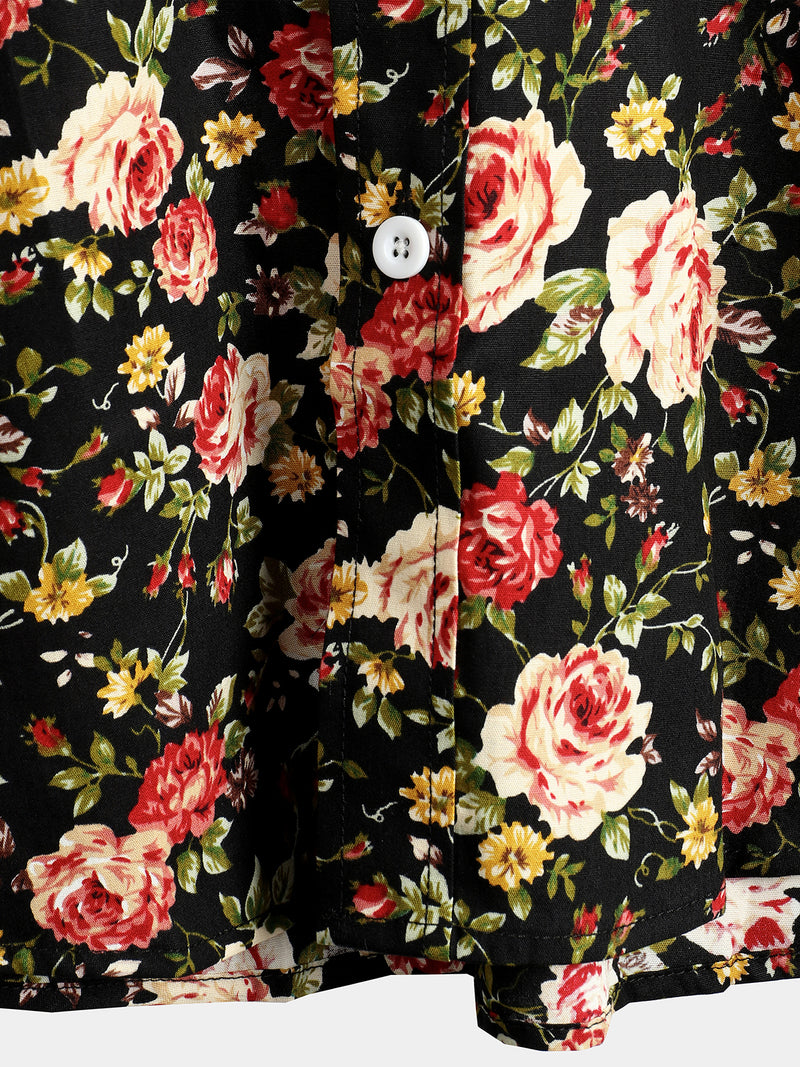 Men's Short Sleeve Rose Print Cotton Shirt