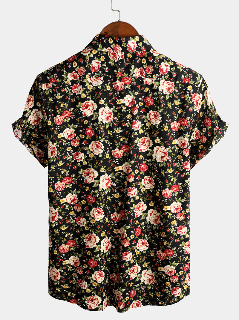 Men's Short Sleeve Rose Print Cotton Shirt
