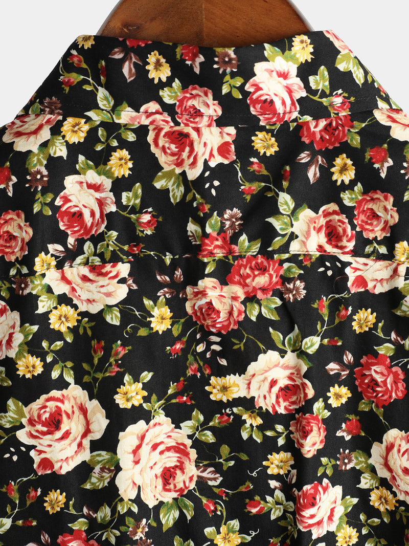Men's Short Sleeve Rose Print Cotton Shirt