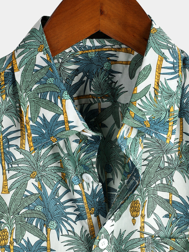 Men's Casual Hawaiian Tropical Print Short Sleeve Cotton Shirt