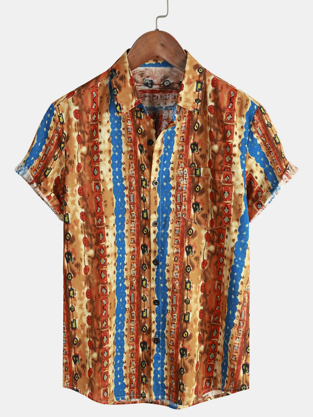 Men's Tribal Colorful Striped Pocket Short Sleeve Shirt
