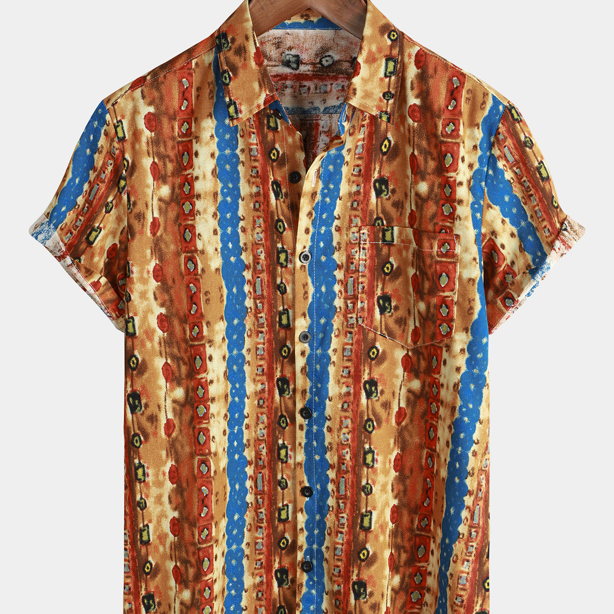 Men's Tribal Colorful Striped Pocket Short Sleeve Shirt