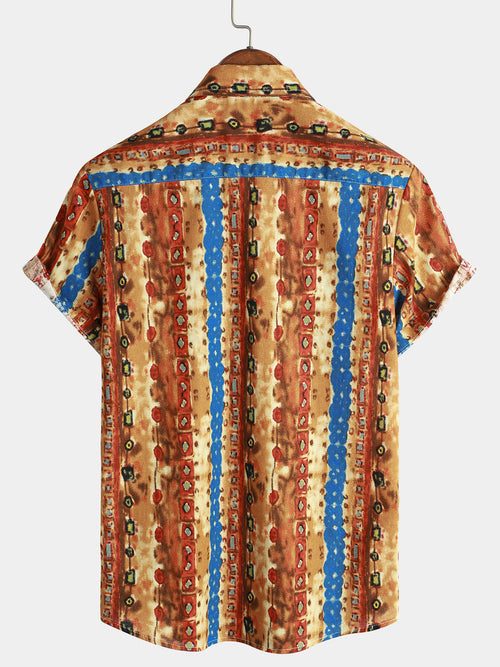 Men's Tribal Colorful Striped Pocket Short Sleeve Shirt
