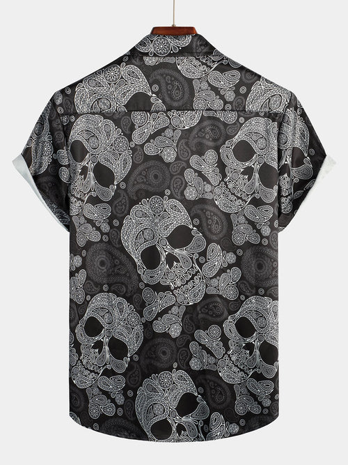 Men's Funny Black Skull Print Short Sleeve Shirt