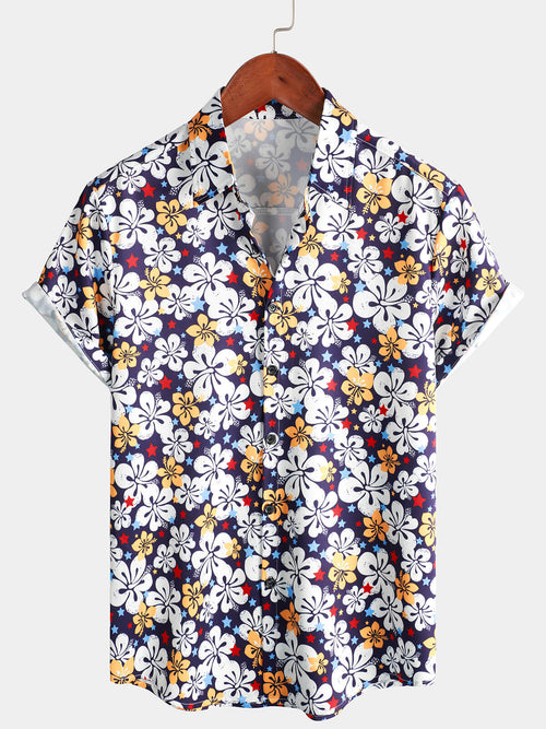 Men's Floral Holiday Hibiscus Flower Print Button Beach Vintage Hawaiian Short Sleeve Shirt