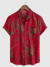 Men's Vintage Retro Print Cotton Tribal Pocket Red Button Short Sleeve Shirt