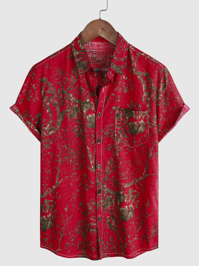 Men's Vintage Retro Print Cotton Tribal Pocket Red Button Short Sleeve Shirt