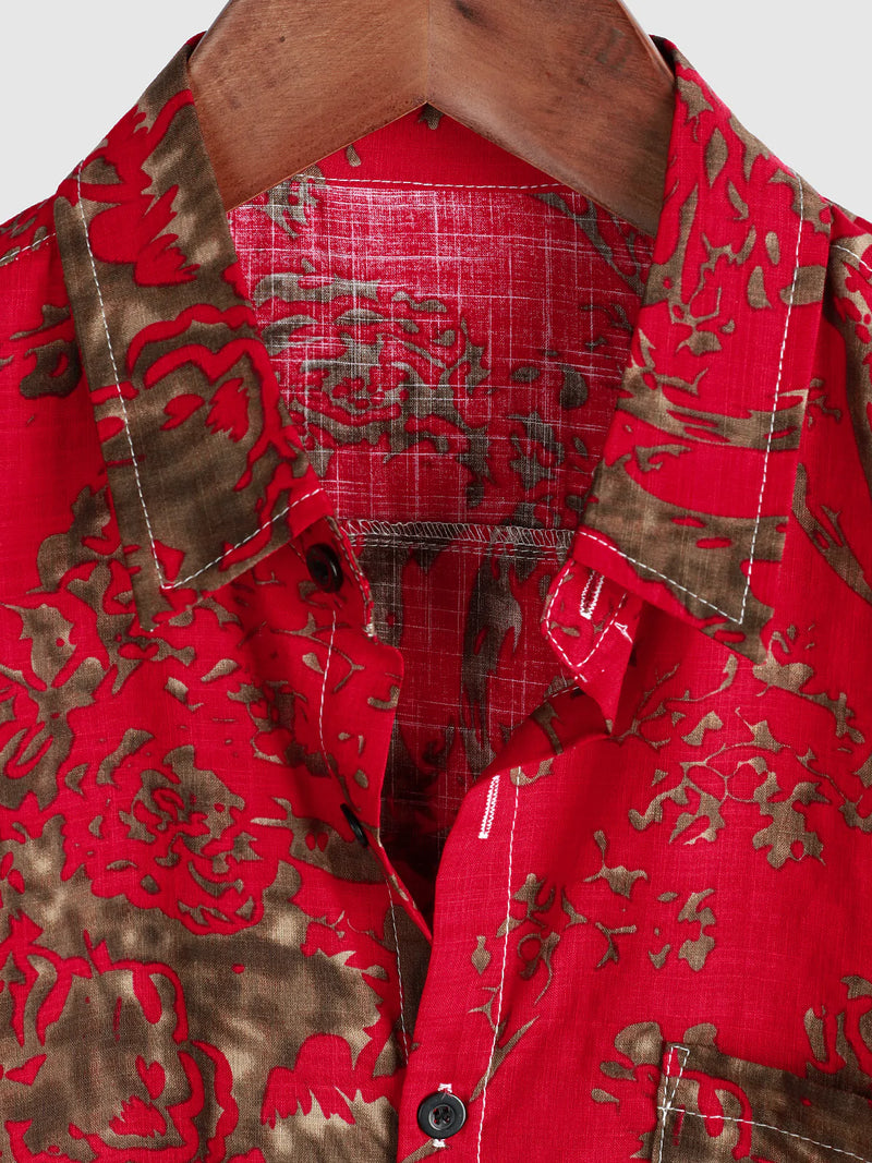 Men's Vintage Retro Print Cotton Tribal Pocket Red Button Short Sleeve Shirt