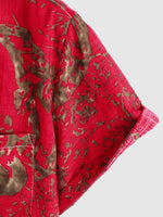 Men's Vintage Retro Print Cotton Tribal Pocket Red Button Short Sleeve Shirt