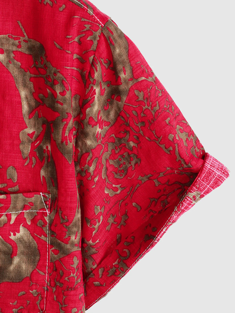 Men's Vintage Retro Print Cotton Tribal Pocket Red Button Short Sleeve Shirt