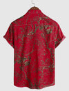 Men's Vintage Retro Print Cotton Tribal Pocket Red Button Short Sleeve Shirt