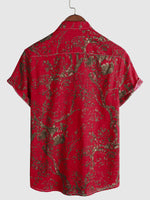 Men's Vintage Retro Print Cotton Tribal Pocket Red Button Short Sleeve Shirt
