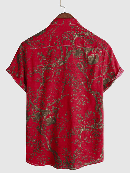 Men's Vintage Retro Print Cotton Tribal Pocket Red Button Short Sleeve Shirt