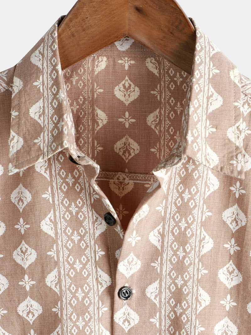 Men's Cotton Retro Button Up 70s Brown Striped Vintage Short Sleeve Shirt