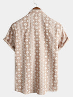 Men's Cotton Retro Button Up 70s Brown Striped Vintage Short Sleeve Shirt