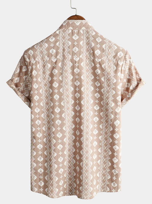 Men's Cotton Retro Button Up 70s Brown Striped Vintage Short Sleeve Shirt