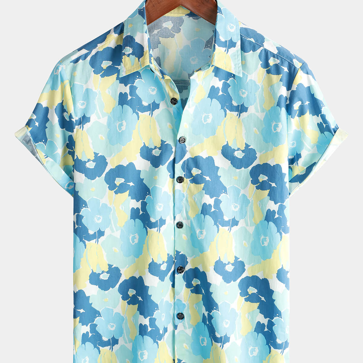 Men's Cotton Floral Holiday Flower Print Button Up Beach Blue Hawaiian Short Sleeve Shirt