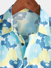 Men's Cotton Floral Holiday Flower Print Button Up Beach Blue Hawaiian Short Sleeve Shirt