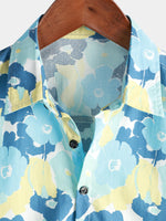 Men's Cotton Floral Holiday Flower Print Button Up Beach Blue Hawaiian Short Sleeve Shirt