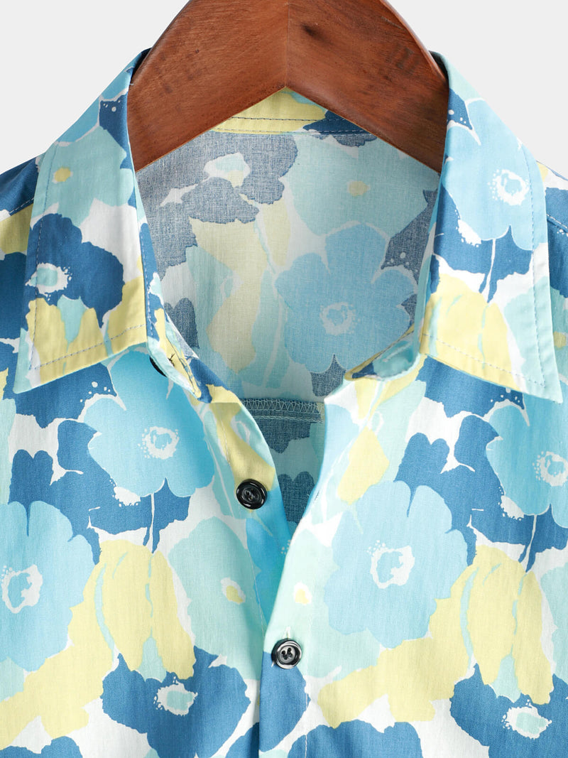 Men's Cotton Floral Holiday Flower Print Button Up Beach Blue Hawaiian Short Sleeve Shirt