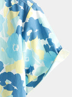 Men's Cotton Floral Holiday Flower Print Button Up Beach Blue Hawaiian Short Sleeve Shirt