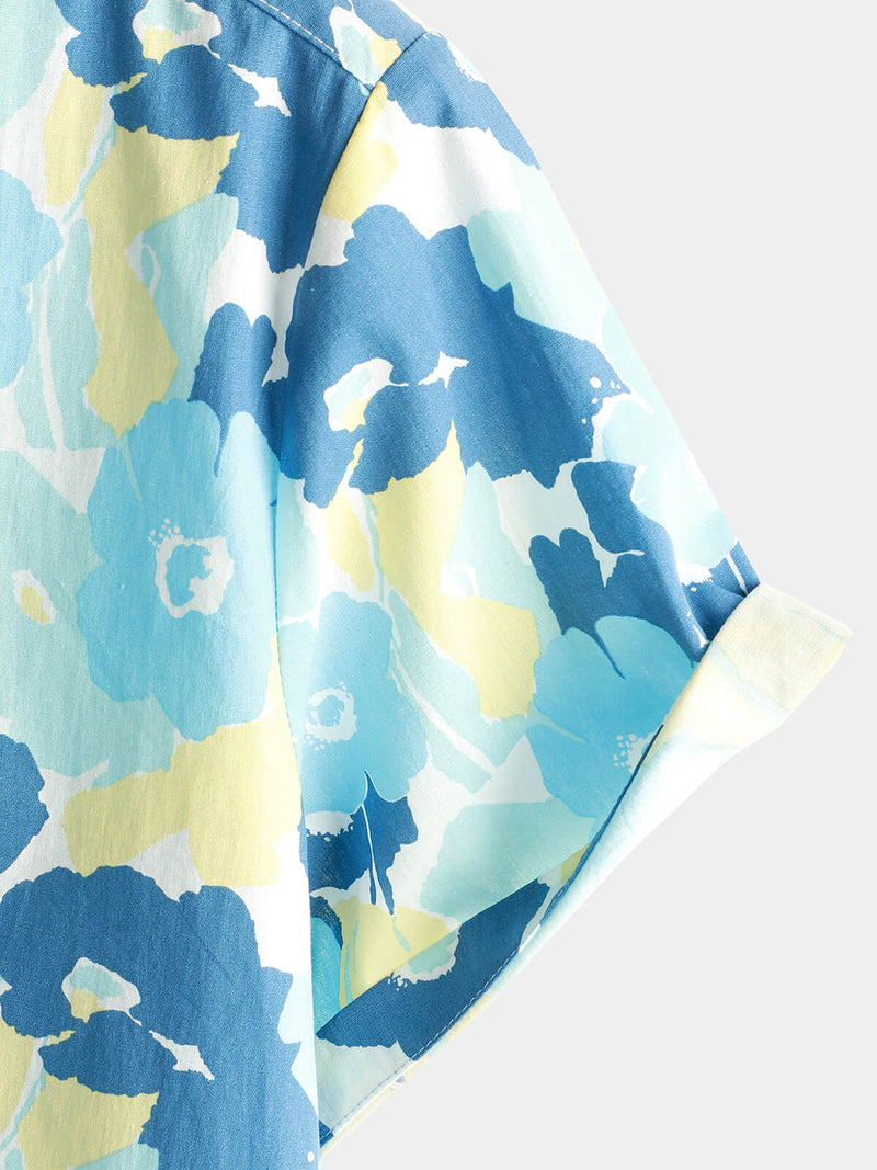 Men's Cotton Floral Holiday Flower Print Button Up Beach Blue Hawaiian Short Sleeve Shirt