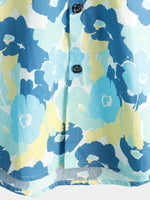 Men's Cotton Floral Holiday Flower Print Button Up Beach Blue Hawaiian Short Sleeve Shirt