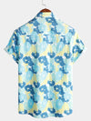 Men's Cotton Floral Holiday Flower Print Button Up Beach Blue Hawaiian Short Sleeve Shirt