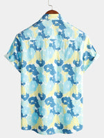 Men's Cotton Floral Holiday Flower Print Button Up Beach Blue Hawaiian Short Sleeve Shirt