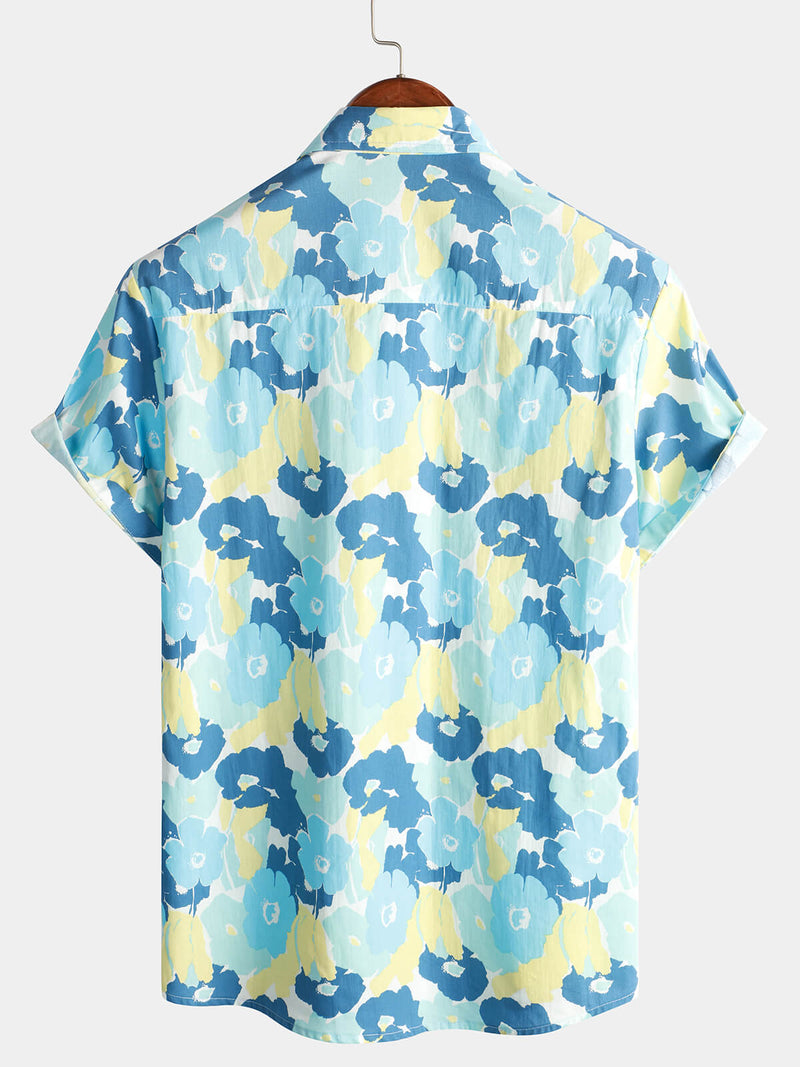 Men's Cotton Floral Holiday Flower Print Button Up Beach Blue Hawaiian Short Sleeve Shirt