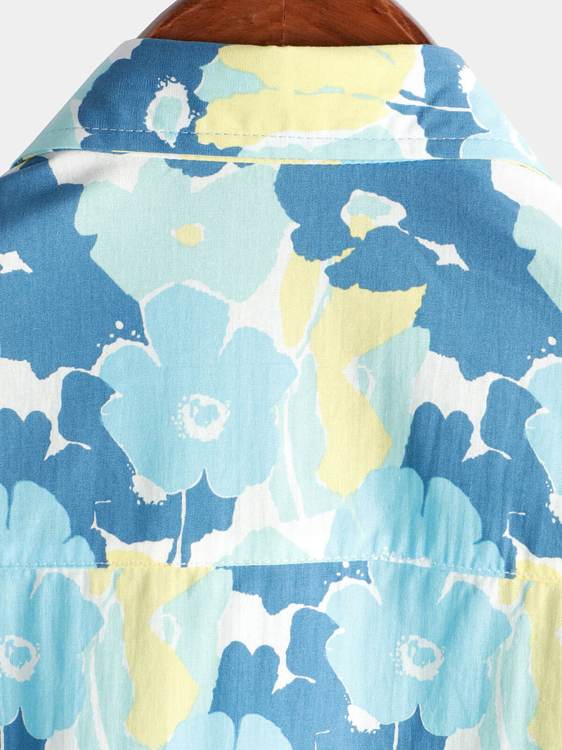 Men's Cotton Floral Holiday Flower Print Button Up Beach Blue Hawaiian Short Sleeve Shirt